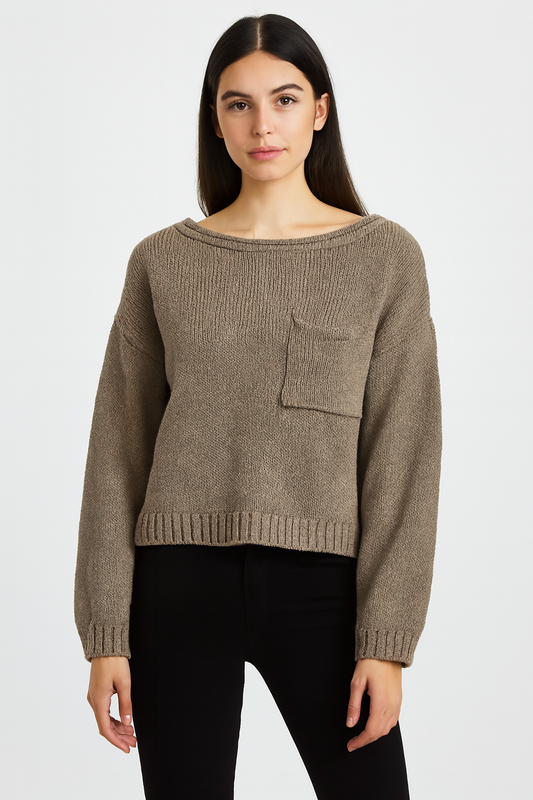 Relaxed Fit Knitted Sweater 100% Acrylic, Boat Neck, Long Sleeves, Front Patch Pocket Dark Sea Green