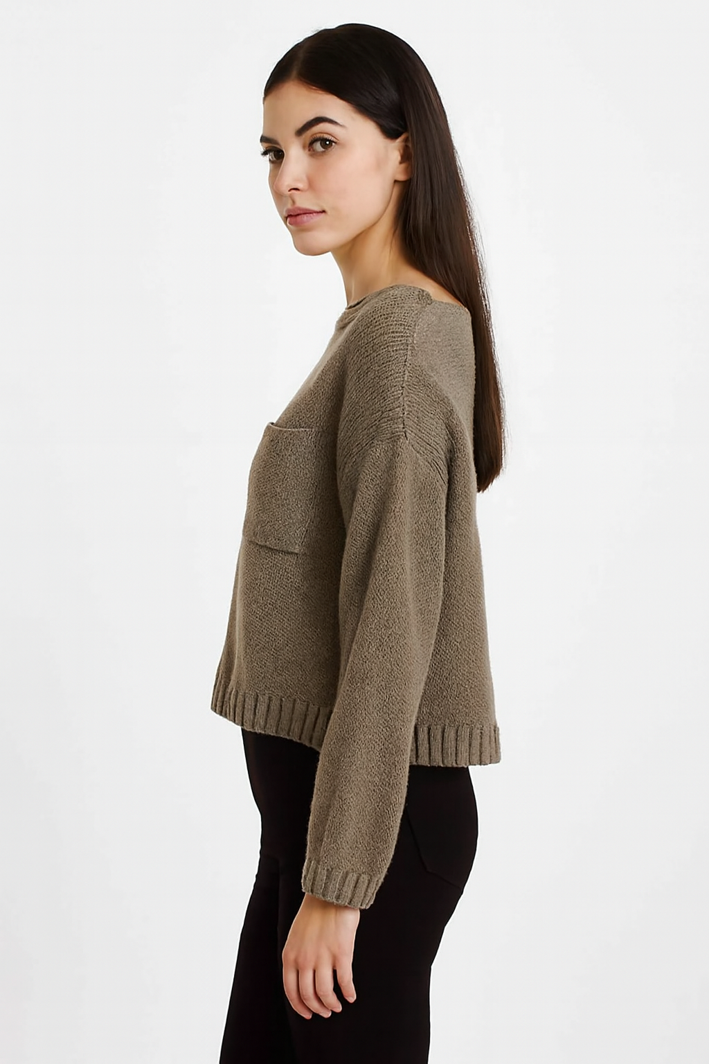 Relaxed Fit Knitted Sweater 100% Acrylic, Boat Neck, Long Sleeves, Front Patch Pocket Dark Sea Green