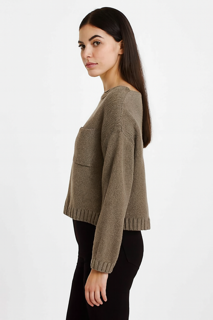 Relaxed Fit Knitted Sweater 100% Acrylic, Boat Neck, Long Sleeves, Front Patch Pocket Dark Sea Green