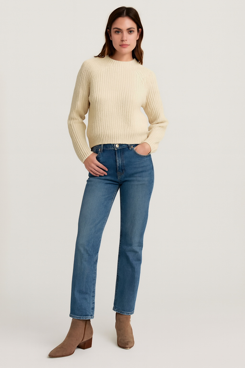 NoBarr Stylish Women's Beige Knit Sweater | High Neck | Soft Polyester Fabric