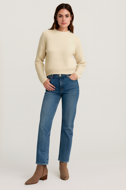 NoBarr Stylish Women's Beige Knit Sweater | High Neck | Soft Polyester Fabric