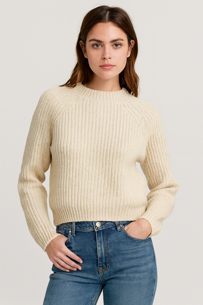 NoBarr Stylish Women's Beige Knit Sweater | High Neck | Soft Polyester Fabric