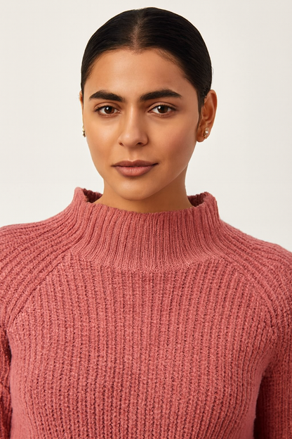 NoBarr Stylish Women's Pink Knit Sweater | High Neck | Soft Polyester Fabric