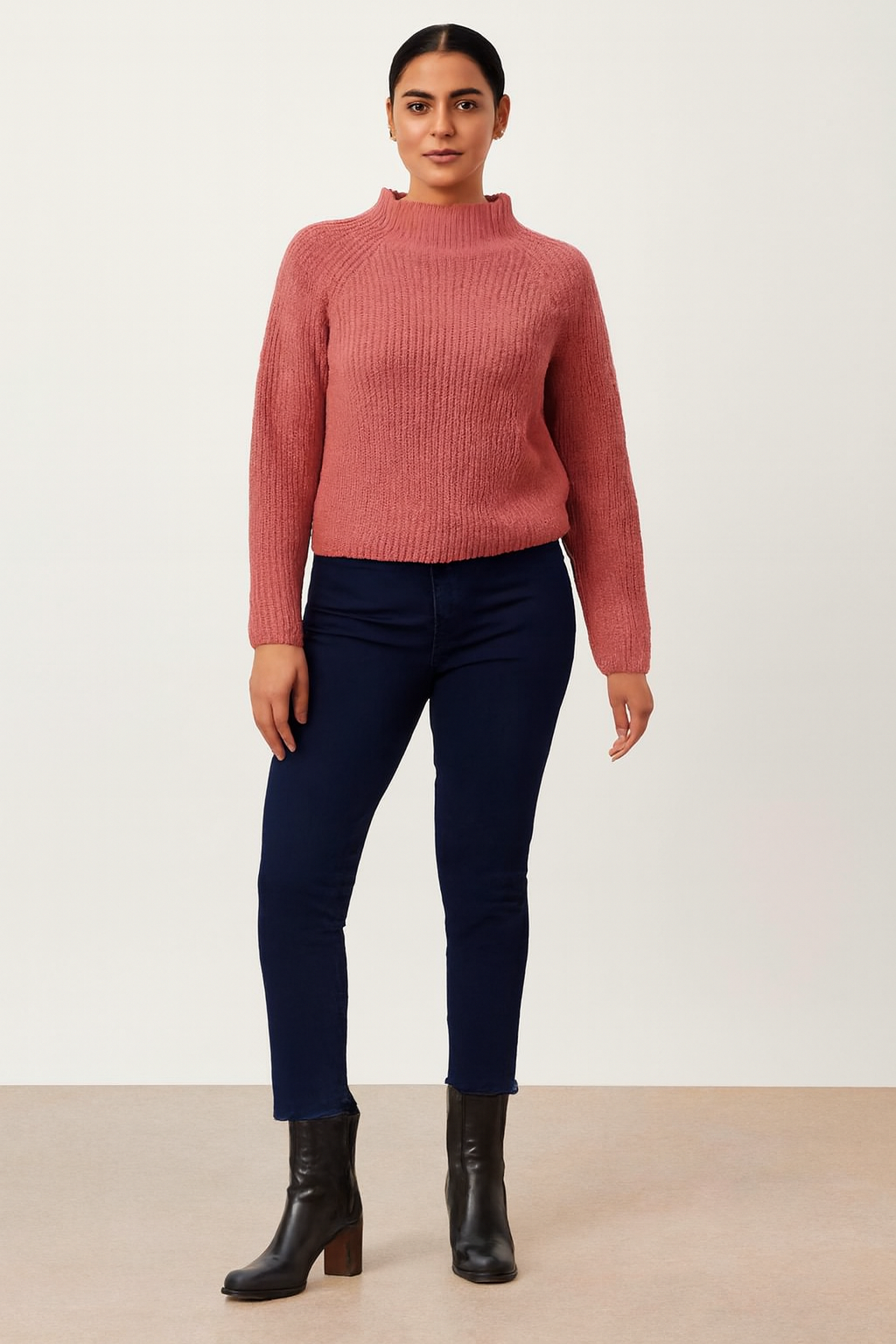 NoBarr Stylish Women's Pink Knit Sweater | High Neck | Soft Polyester Fabric