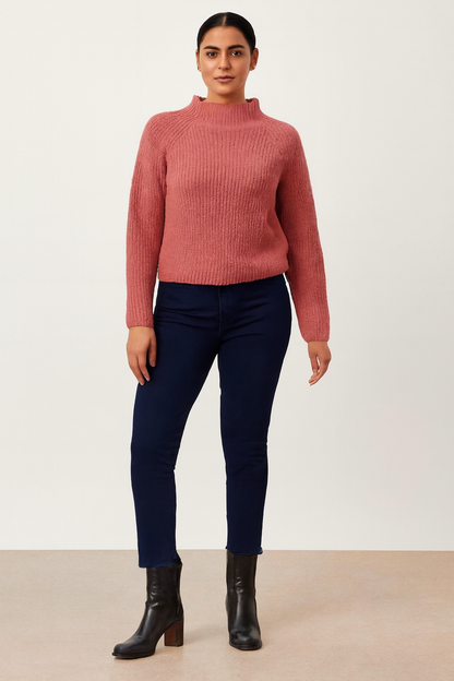 NoBarr Stylish Women's Pink Knit Sweater | High Neck | Soft Polyester Fabric