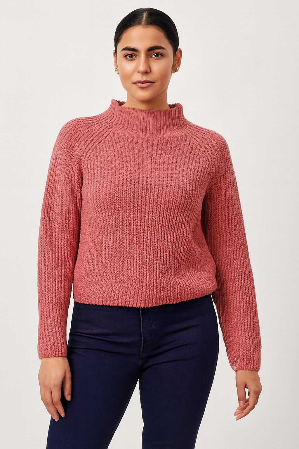 NoBarr Stylish Women's Pink Knit Sweater | High Neck | Soft Polyester Fabric