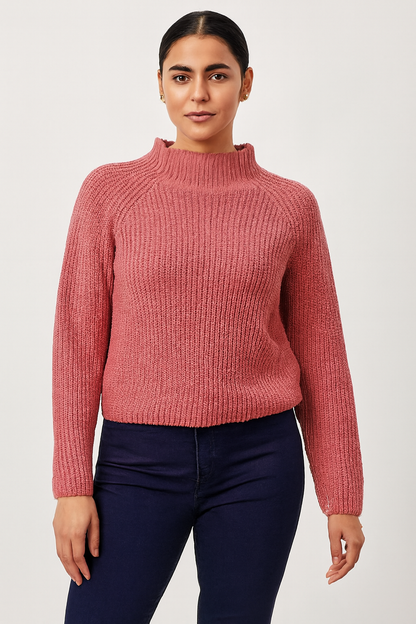NoBarr Stylish Women's Pink Knit Sweater | High Neck | Soft Polyester Fabric