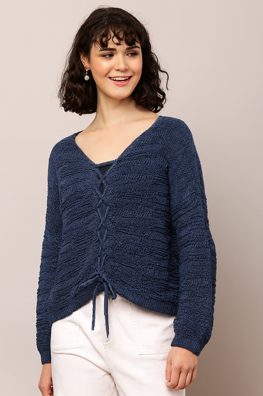 Blue Cotton Blend Knitted Sweater | V-Neck Tie-Up | Full Sleeves