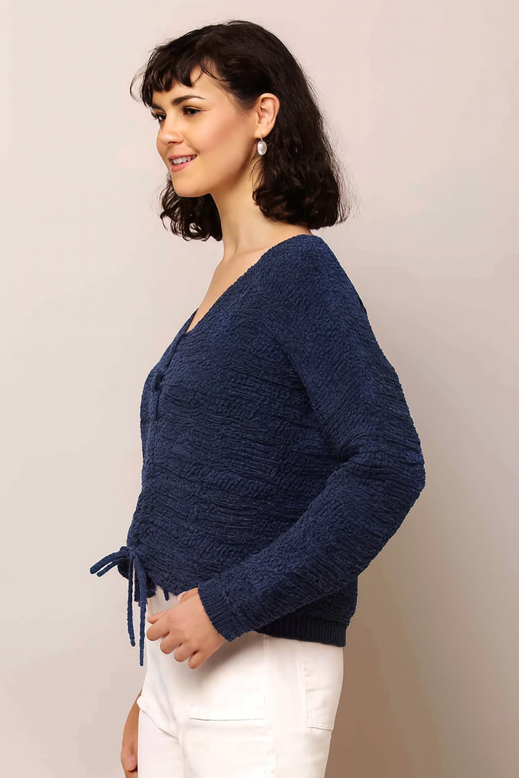 Blue Cotton Blend Knitted Sweater | V-Neck Tie-Up | Full Sleeves
