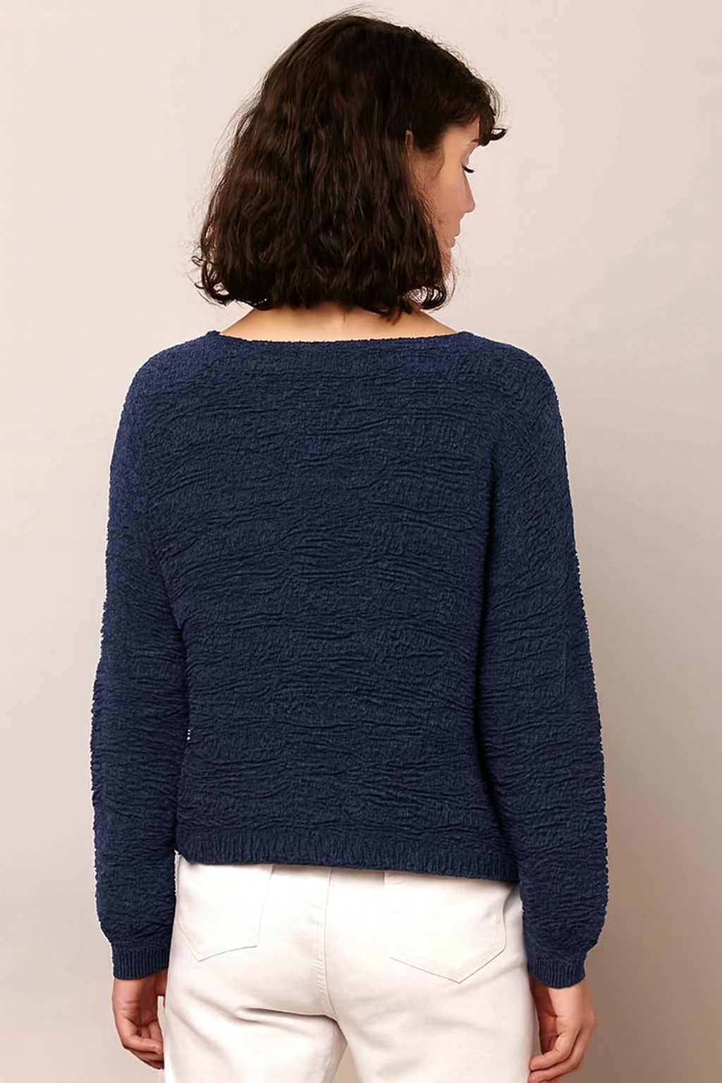 Blue Cotton Blend Knitted Sweater | V-Neck Tie-Up | Full Sleeves