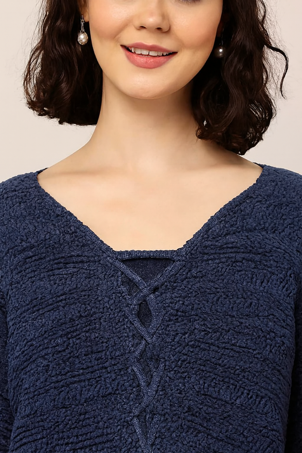 Blue Cotton Blend Knitted Sweater | V-Neck Tie-Up | Full Sleeves
