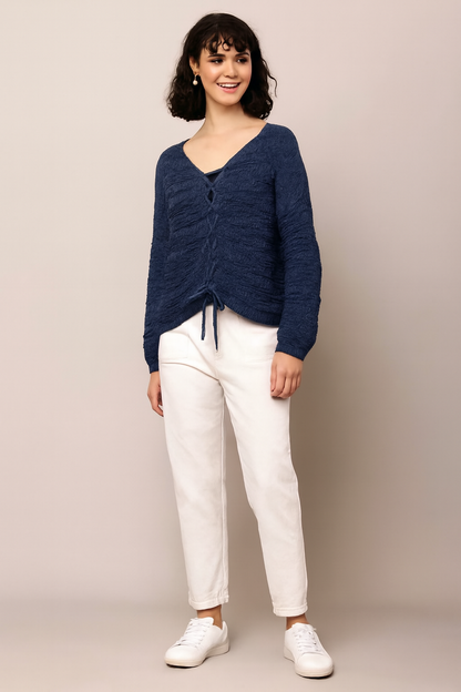 Blue Cotton Blend Knitted Sweater | V-Neck Tie-Up | Full Sleeves