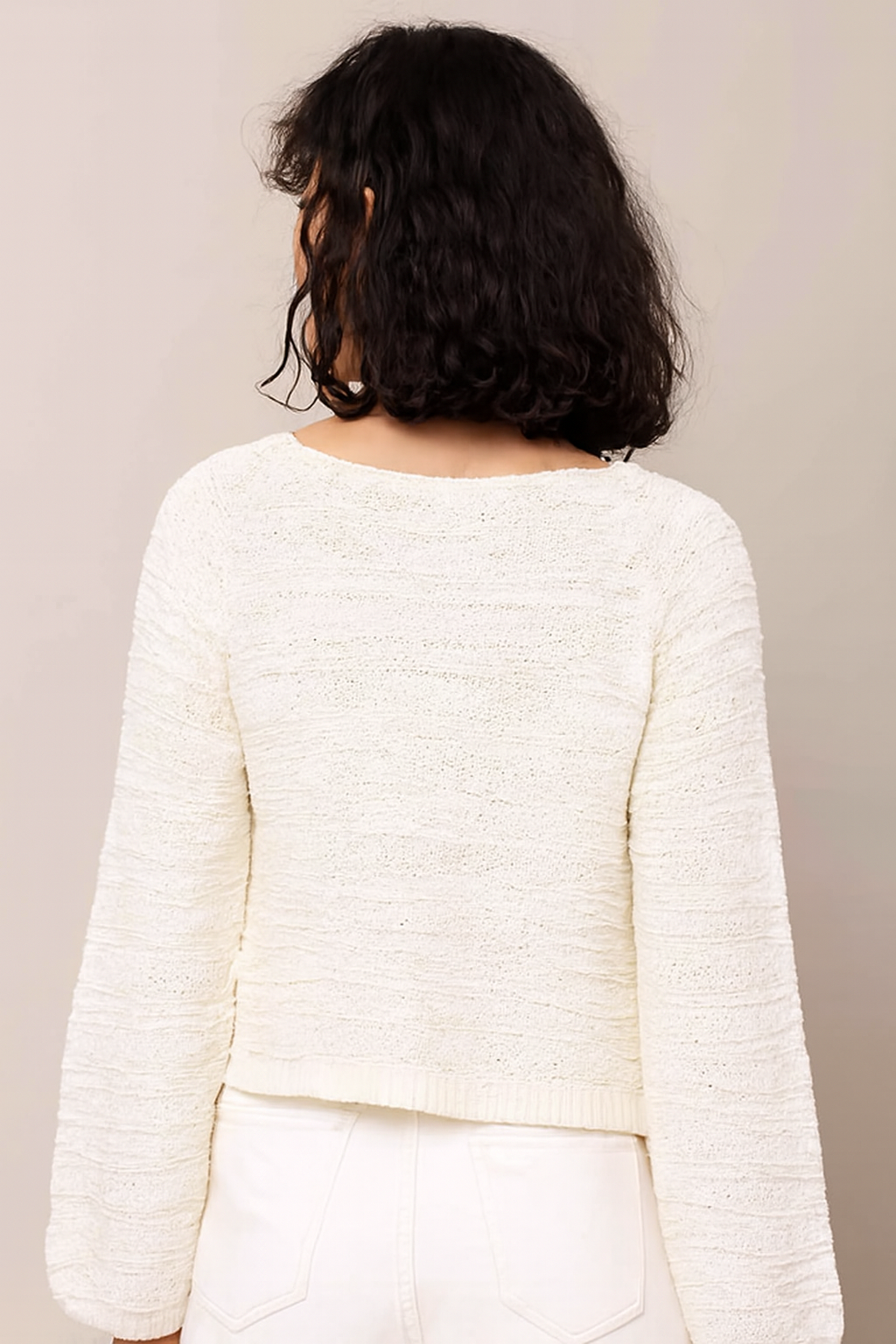 White Cotton Blend Knitted Sweater | V-Neck Tie-Up | Full Sleeves