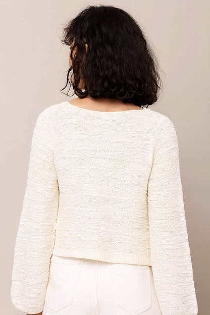 White Cotton Blend Knitted Sweater | V-Neck Tie-Up | Full Sleeves