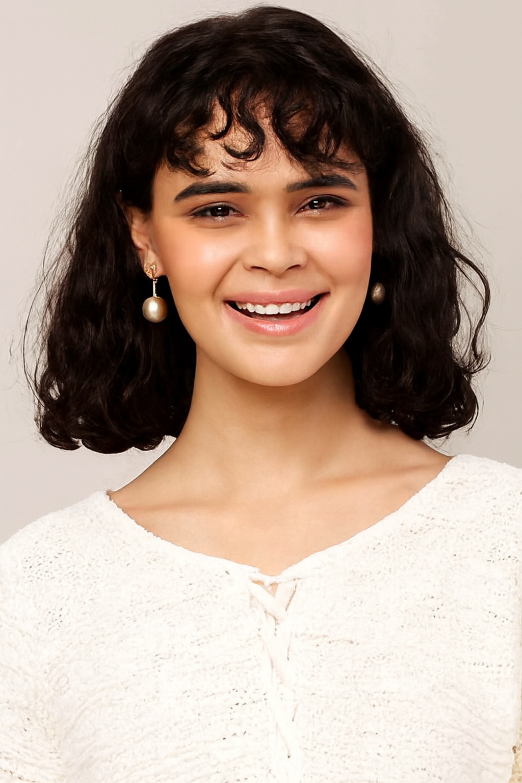 White Cotton Blend Knitted Sweater | V-Neck Tie-Up | Full Sleeves