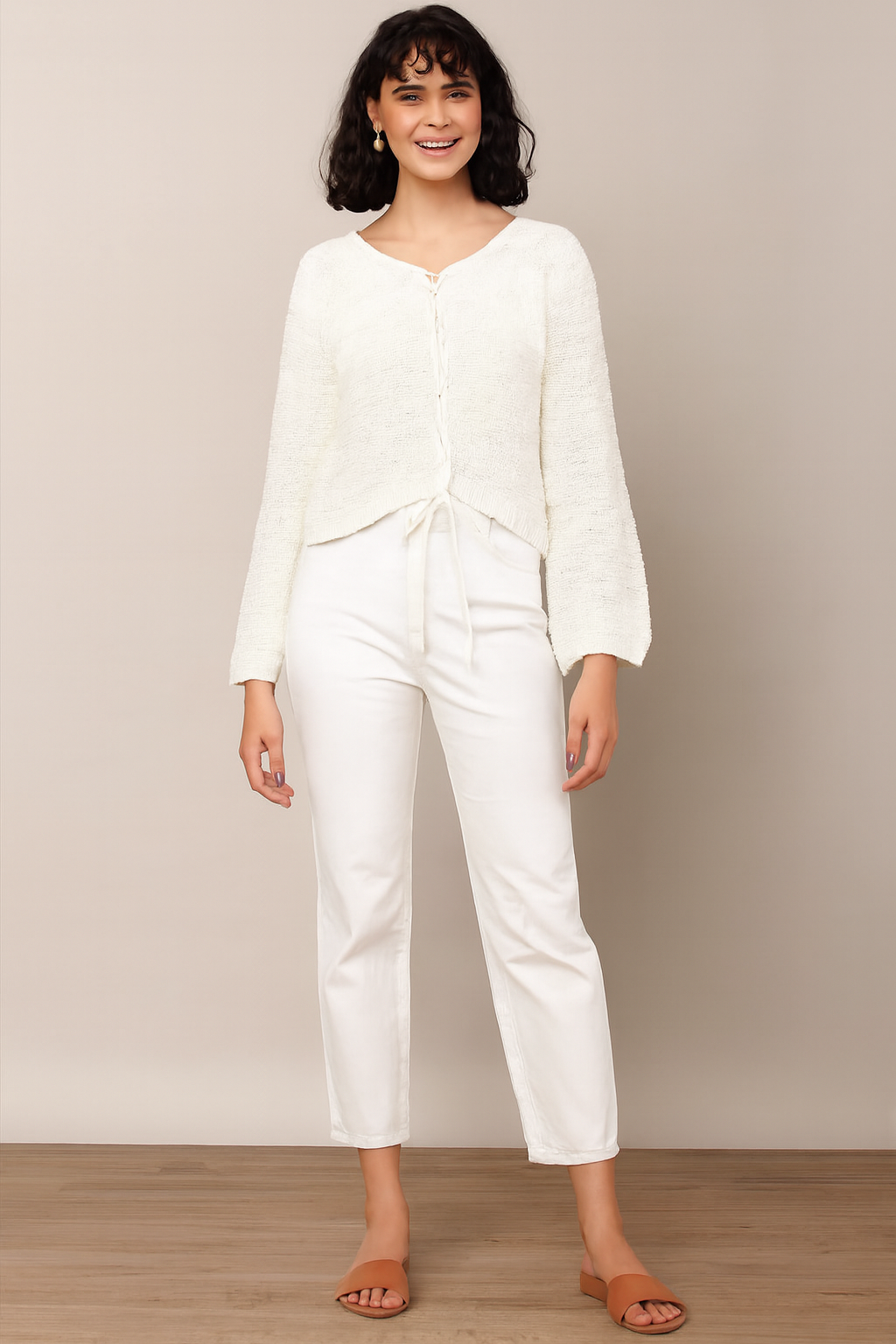 White Cotton Blend Knitted Sweater | V-Neck Tie-Up | Full Sleeves