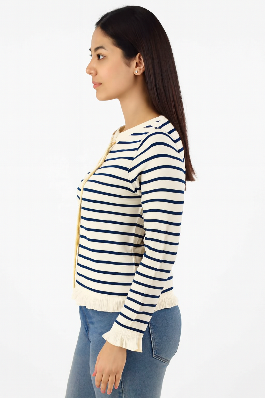 Viscose Striped Button-Down Cardigan | Round Neck | Full Sleeve | Loose Fit | Cream & Navy Blue
