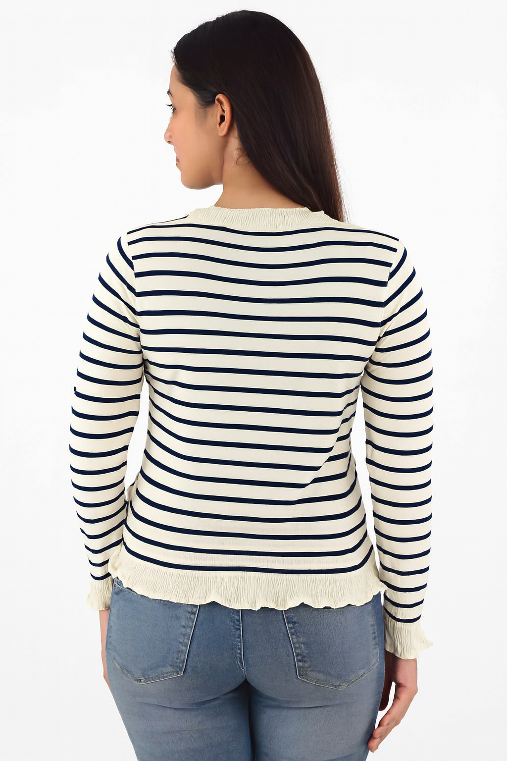 Viscose Striped Button-Down Cardigan | Round Neck | Full Sleeve | Loose Fit | Cream & Navy Blue