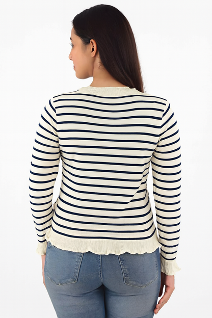 Viscose Striped Button-Down Cardigan | Round Neck | Full Sleeve | Loose Fit | Cream & Navy Blue