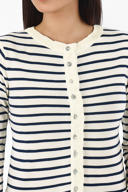 Viscose Striped Button-Down Cardigan | Round Neck | Full Sleeve | Loose Fit | Cream & Navy Blue