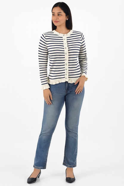 Viscose Striped Button-Down Cardigan | Round Neck | Full Sleeve | Loose Fit | Cream & Navy Blue