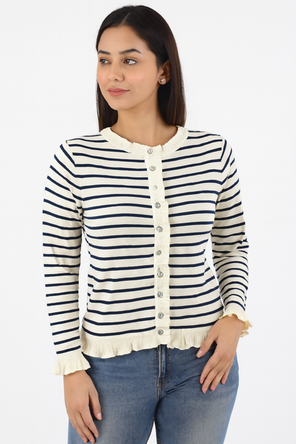Viscose Striped Button-Down Cardigan | Round Neck | Full Sleeve | Loose Fit | Cream & Navy Blue