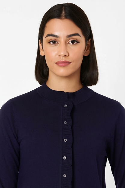Viscose  Button-Down Cardigan | Round Neck | Full Sleeve | Loose Fit | Dark Blue
