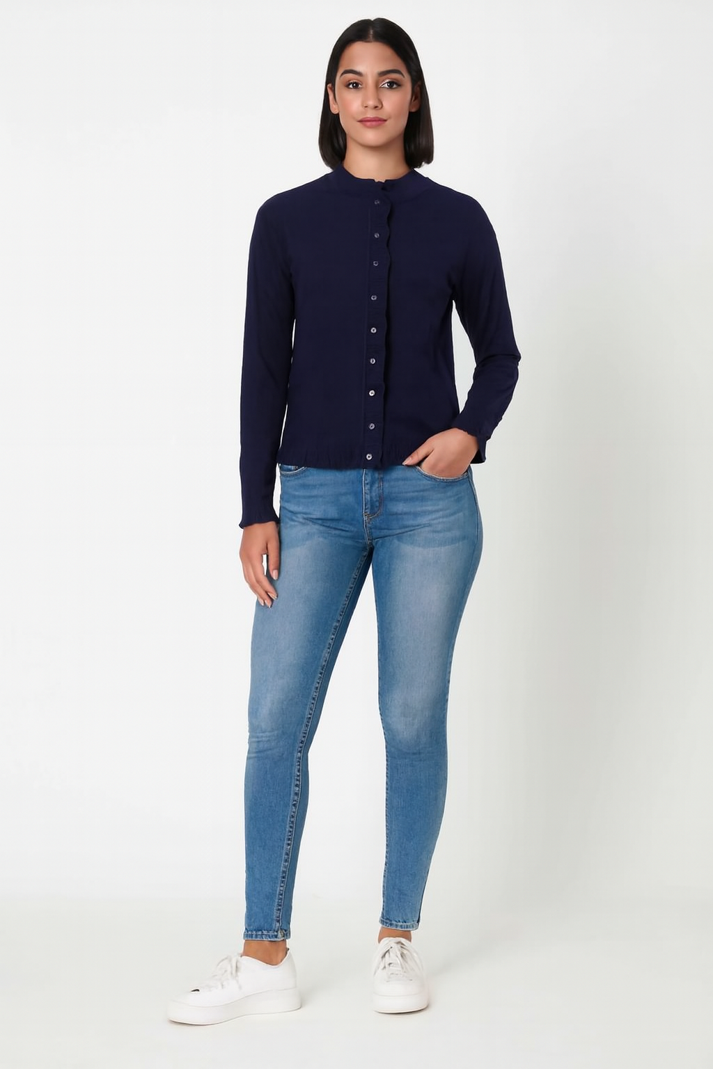 Viscose  Button-Down Cardigan | Round Neck | Full Sleeve | Loose Fit | Dark Blue