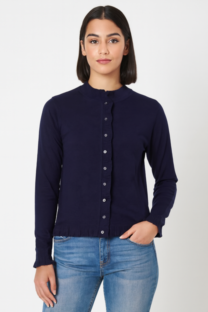 Viscose  Button-Down Cardigan | Round Neck | Full Sleeve | Loose Fit | Dark Blue
