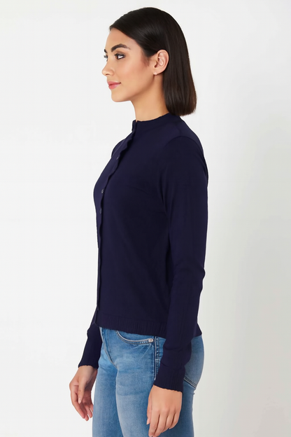 Viscose  Button-Down Cardigan | Round Neck | Full Sleeve | Loose Fit | Dark Blue