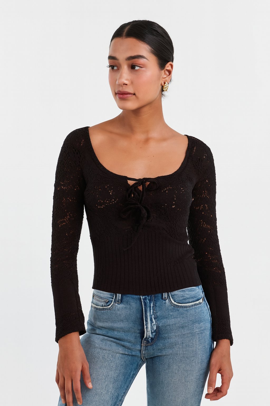 Acrylic Brown Knitted Tie-Front Sweater | Full Sleeve Crochet Style Sweater