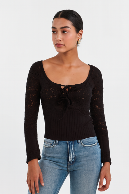 Acrylic Brown Knitted Tie-Front Sweater | Full Sleeve Crochet Style Sweater