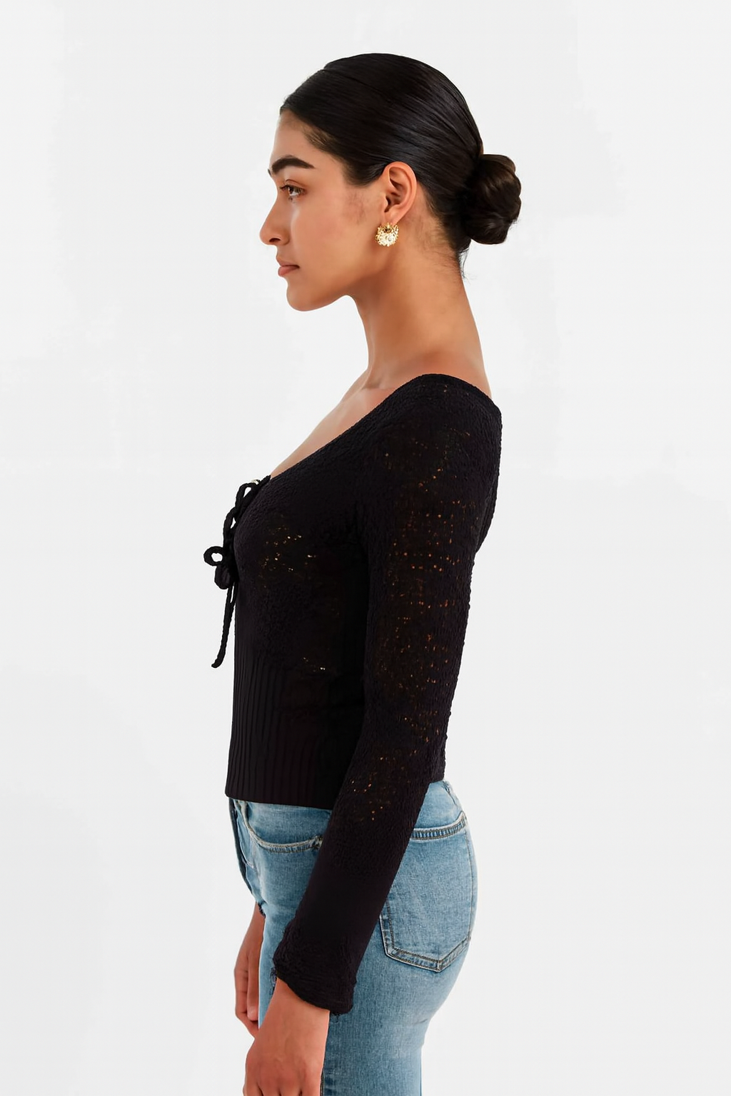 Acrylic Brown Knitted Tie-Front Sweater | Full Sleeve Crochet Style Sweater