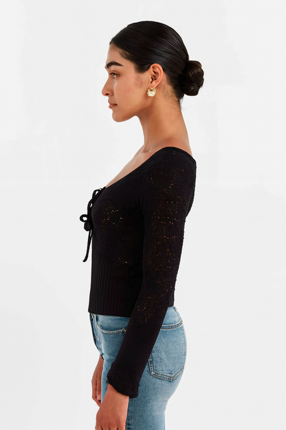 Acrylic Brown Knitted Tie-Front Sweater | Full Sleeve Crochet Style Sweater