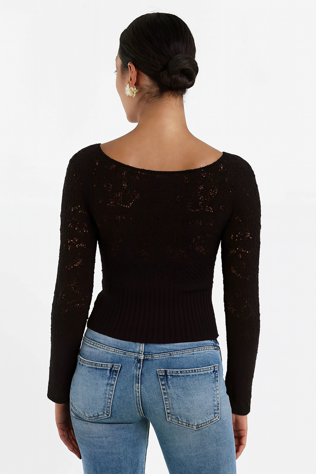 Acrylic Brown Knitted Tie-Front Sweater | Full Sleeve Crochet Style Sweater