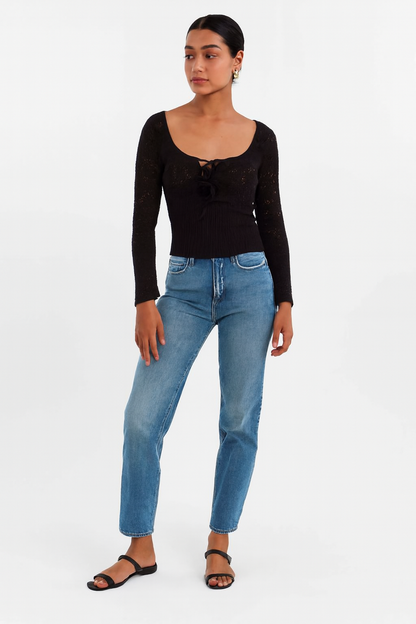 Acrylic Brown Knitted Tie-Front Sweater | Full Sleeve Crochet Style Sweater