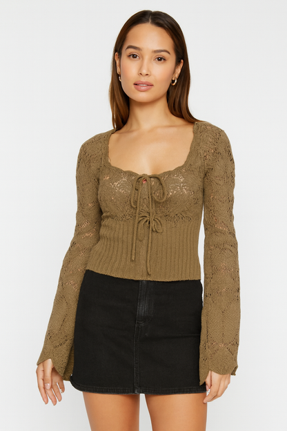 Acrylic Black Knitted Tie-Front Sweater | Full Sleeve Crochet Style Sweater