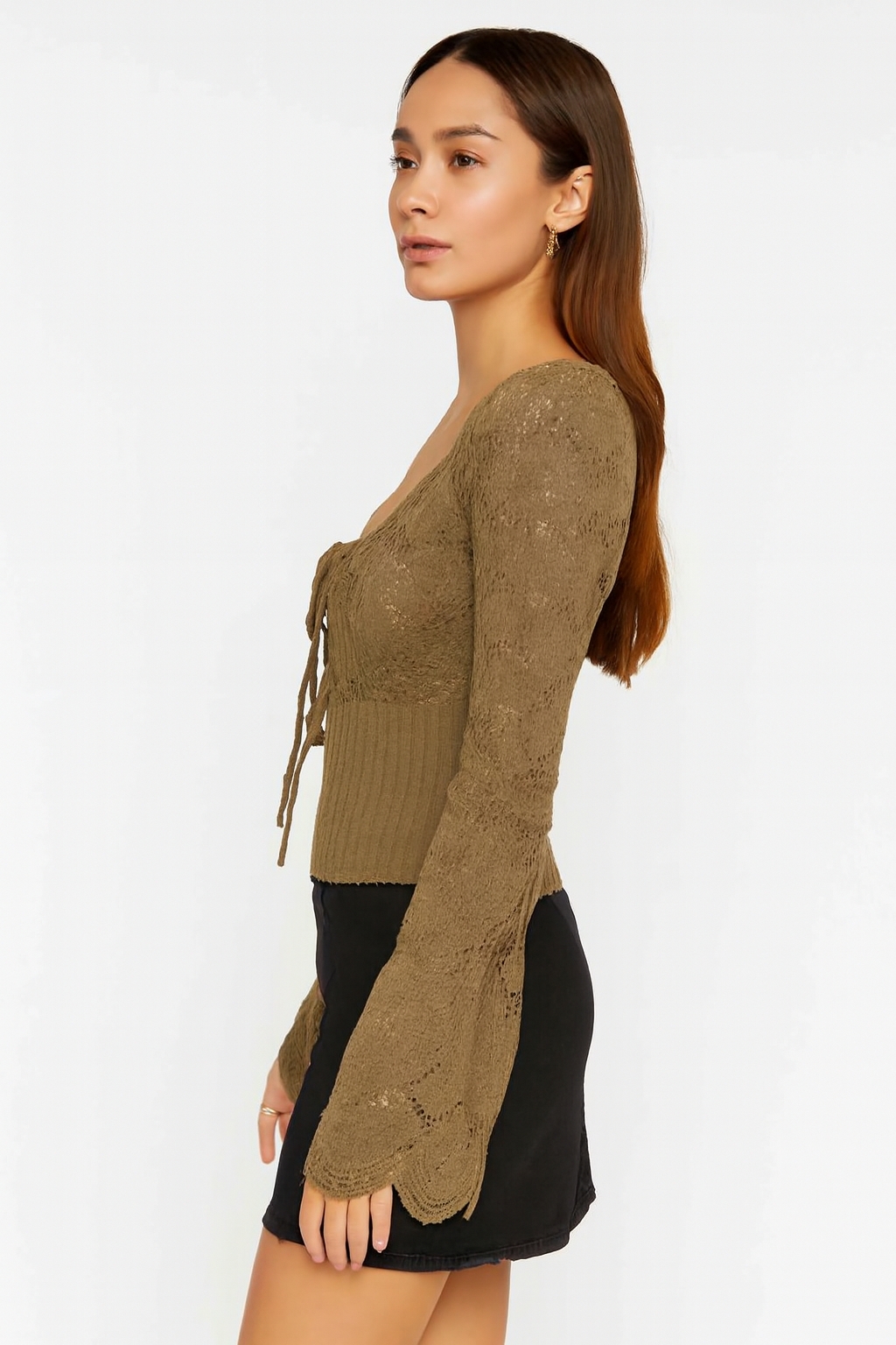 Acrylic Black Knitted Tie-Front Sweater | Full Sleeve Crochet Style Sweater