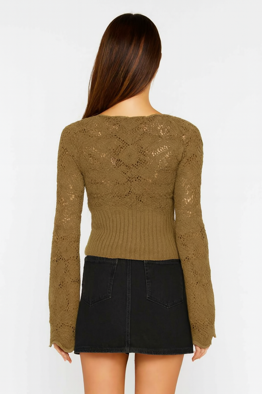 Acrylic Black Knitted Tie-Front Sweater | Full Sleeve Crochet Style Sweater