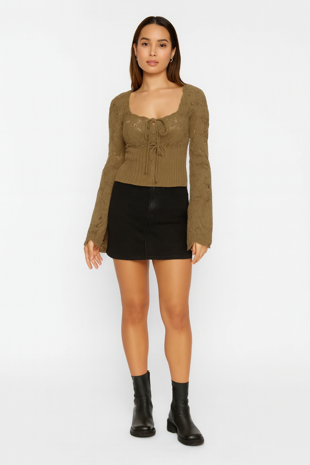 Acrylic Black Knitted Tie-Front Sweater | Full Sleeve Crochet Style Sweater