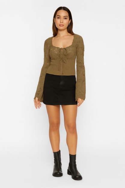 Acrylic Black Knitted Tie-Front Sweater | Full Sleeve Crochet Style Sweater
