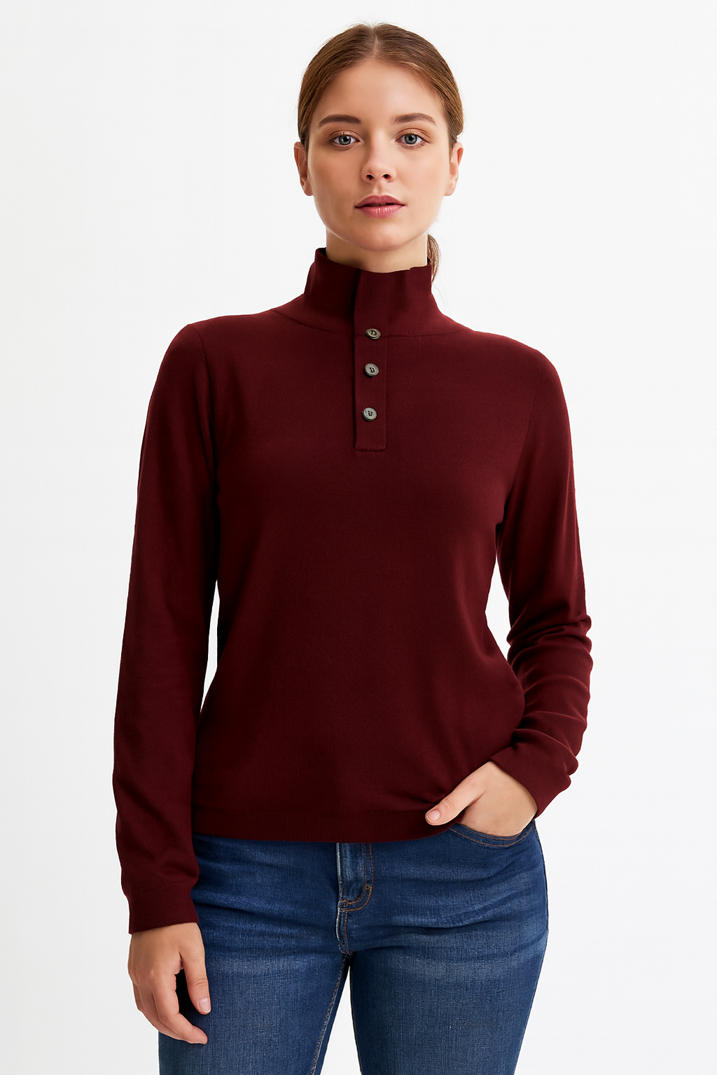 Solid Wine Sweater | High Neck with Button Placket | Full Sleeve | Loose Fit | Viscose Blend