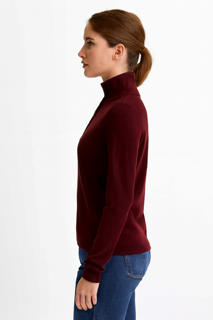 Solid Wine Sweater | High Neck with Button Placket | Full Sleeve | Loose Fit | Viscose Blend