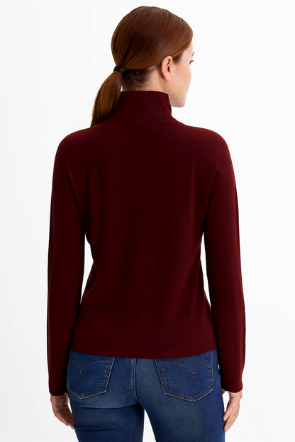 Solid Wine Sweater | High Neck with Button Placket | Full Sleeve | Loose Fit | Viscose Blend