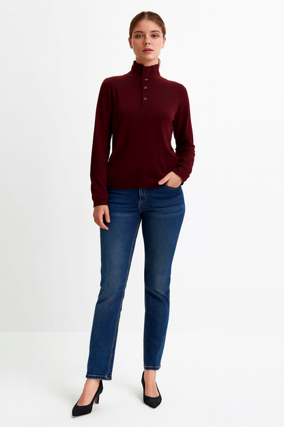 Solid Wine Sweater | High Neck with Button Placket | Full Sleeve | Loose Fit | Viscose Blend