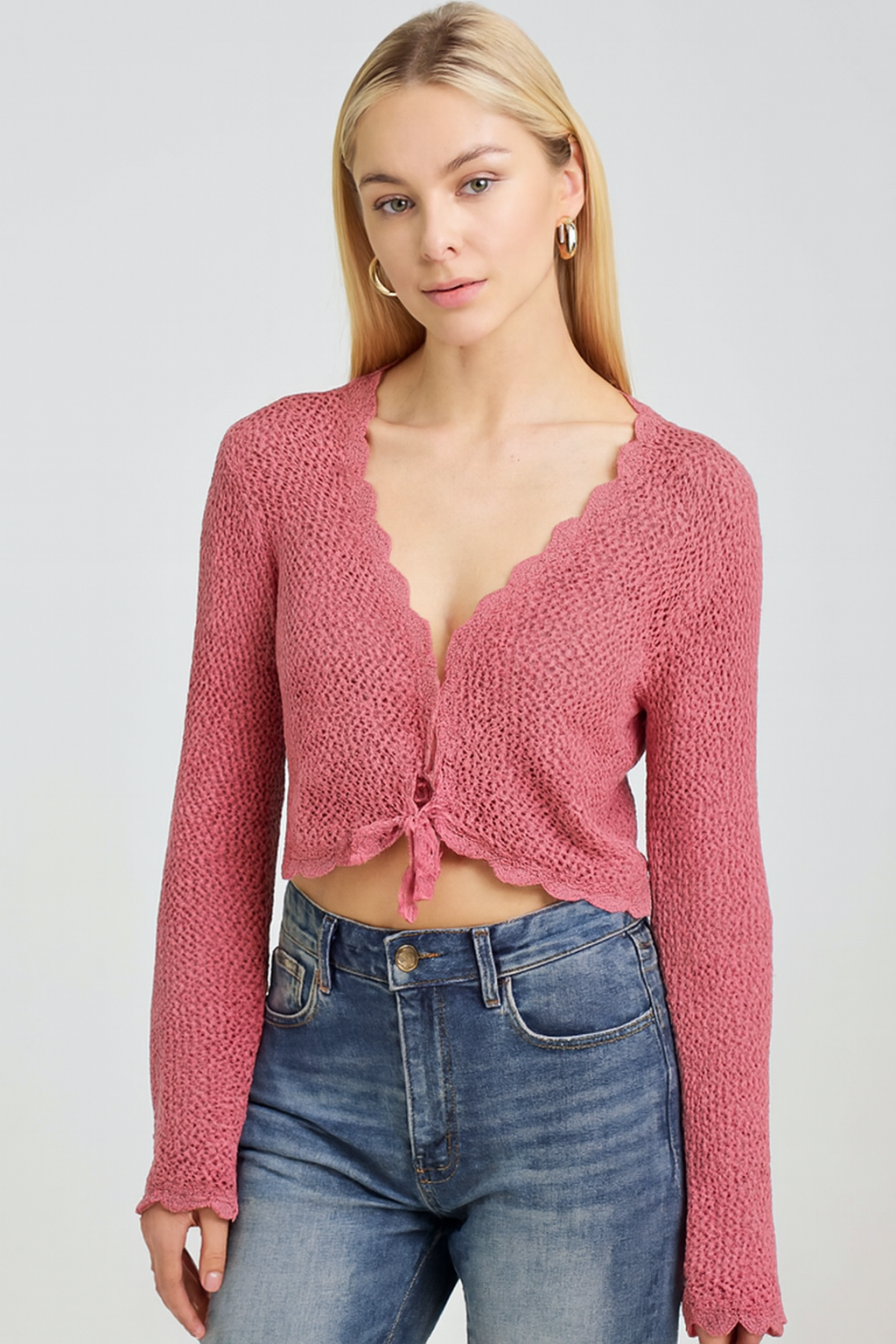 Mesa Rose Crochet Tie Front Shrug, 100% Cotton, Scallop V Neck, Long Sleeves