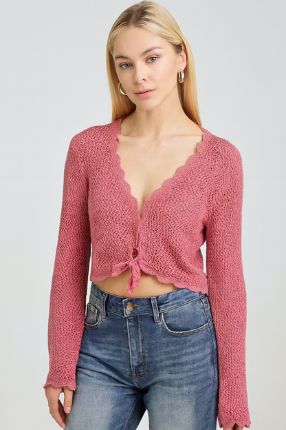 Mesa Rose Crochet Tie Front Shrug, 100% Cotton, Scallop V Neck, Long Sleeves