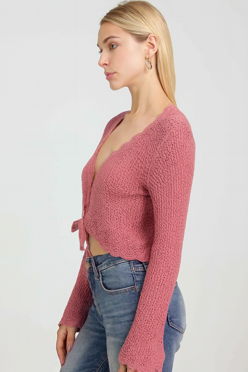 Mesa Rose Crochet Tie Front Shrug, 100% Cotton, Scallop V Neck, Long Sleeves