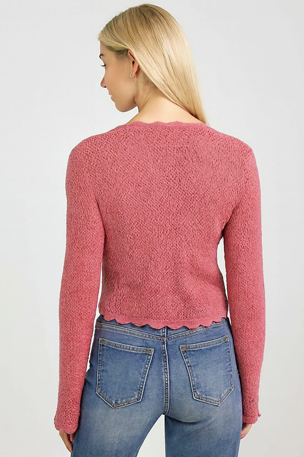 Mesa Rose Crochet Tie Front Shrug, 100% Cotton, Scallop V Neck, Long Sleeves