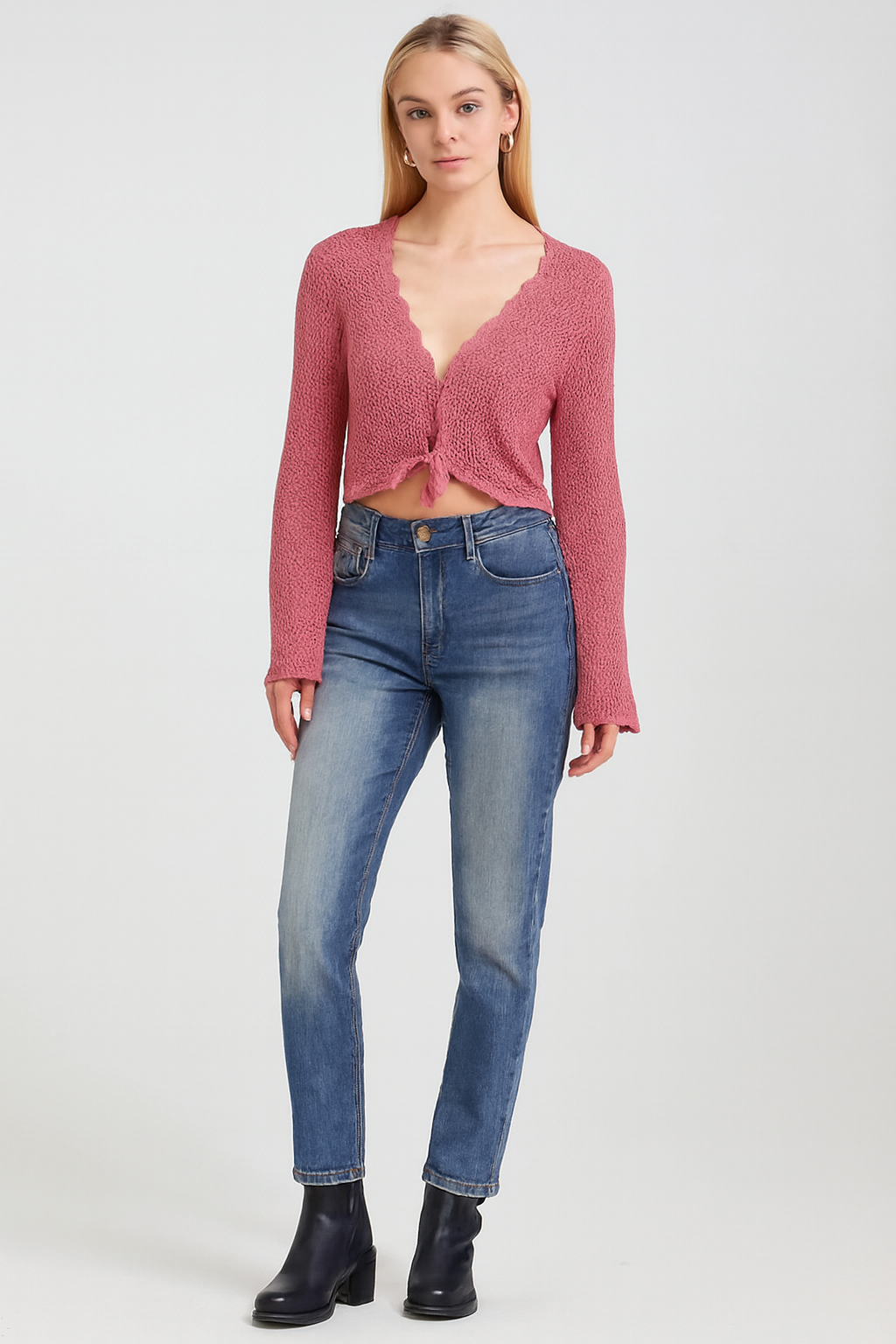 Mesa Rose Crochet Tie Front Shrug, 100% Cotton, Scallop V Neck, Long Sleeves